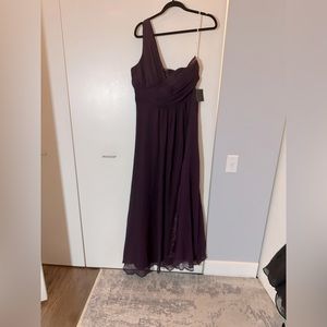Off the shoulder plum wedding guest dress